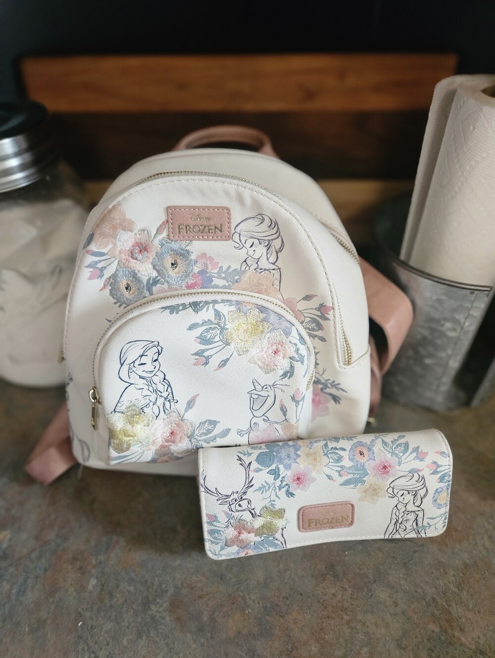 Disney White & Pink Frozen Floral Kids Backpack with Matching Wallet